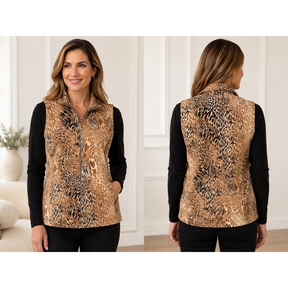Cali and York Womens Brown Animal Print Full Zip Sleeveless Vest Size Medium